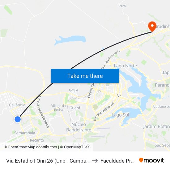Via Estádio | Qnn 26 (Unb - Campus Ceilândia) to Faculdade Projeção map