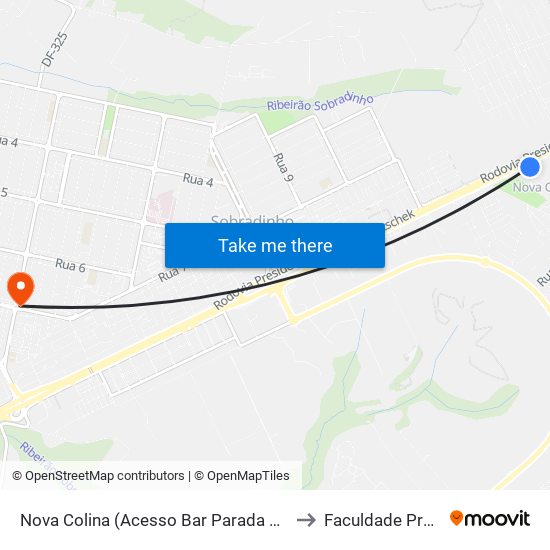Nova Colina (Acesso Bar Parada Obrigatória) to Faculdade Projeção map
