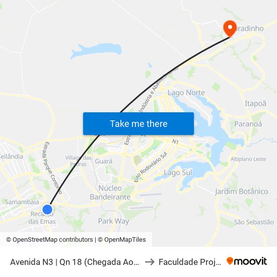 Avenida N3 | Qn 18 (Chegada Ao Riacho) to Faculdade Projeção map