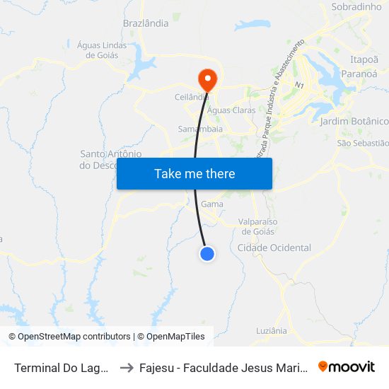 Terminal Do Lago Azul to Fajesu - Faculdade Jesus Maria E José map