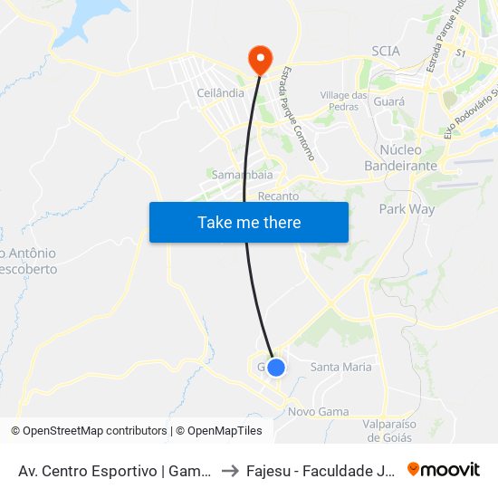 Av. Centro Esportivo | Gama Shopping / Bezerrão to Fajesu - Faculdade Jesus Maria E José map