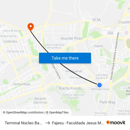 Terminal Núcleo Bandeirante to Fajesu - Faculdade Jesus Maria E José map