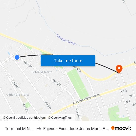 Terminal M Norte to Fajesu - Faculdade Jesus Maria E José map