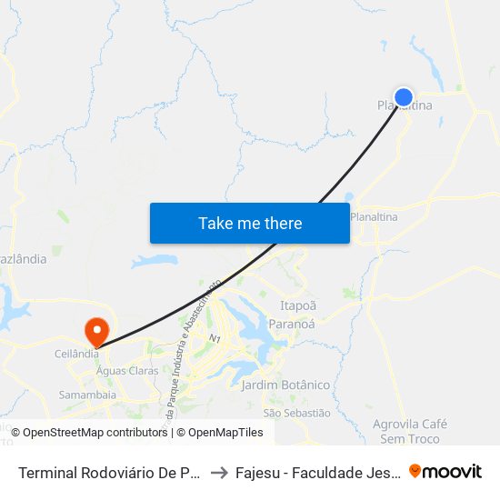 Terminal Rodoviário De Planaltina De Goiás to Fajesu - Faculdade Jesus Maria E José map