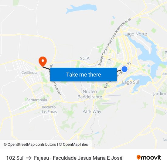 102 Sul to Fajesu - Faculdade Jesus Maria E José map