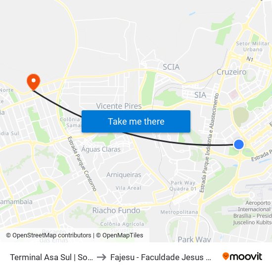 Terminal Asa Sul | Sobradinho to Fajesu - Faculdade Jesus Maria E José map