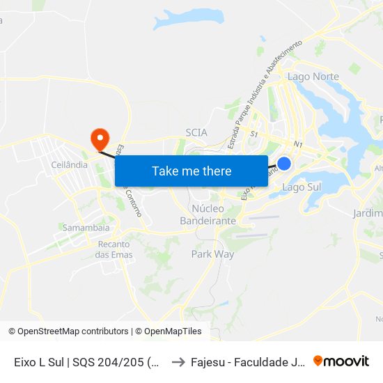 Eixo L Sul | SQS 204/205 (Planaltina / Sobradinho) to Fajesu - Faculdade Jesus Maria E José map
