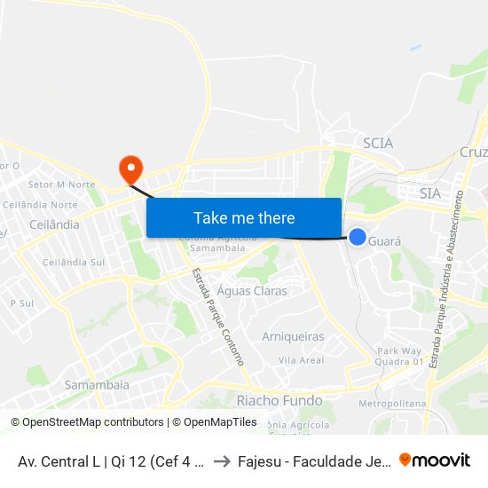Av. Central l | QI 12 (CEF 4 / Terminal do Guará) to Fajesu - Faculdade Jesus Maria E José map