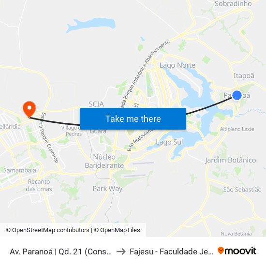 Av. Paranoá | Qd. 21 (Conselho Tutelar / UBS 1) to Fajesu - Faculdade Jesus Maria E José map