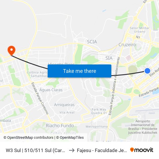 W3 Sul | 510/511 Sul (Carrefour Bairro / UPIS) to Fajesu - Faculdade Jesus Maria E José map