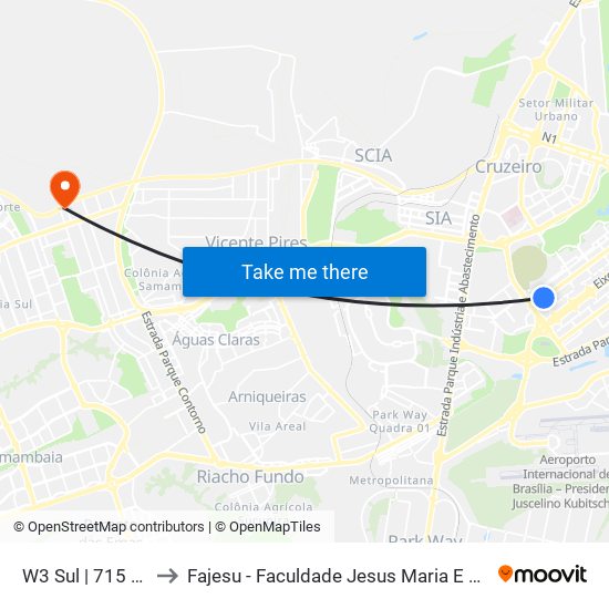 W3 Sul | 715 Sul (SICOOB) to Fajesu - Faculdade Jesus Maria E José map
