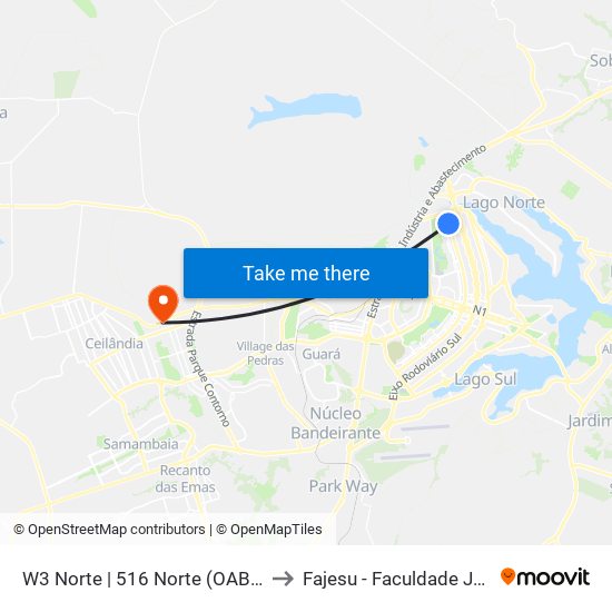 W3 Norte | 516 Norte (OAB-DF / CADE / SEBRAE) to Fajesu - Faculdade Jesus Maria E José map