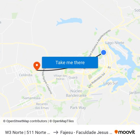 W3 Norte | 511 Norte (Tecar FIAT) to Fajesu - Faculdade Jesus Maria E José map