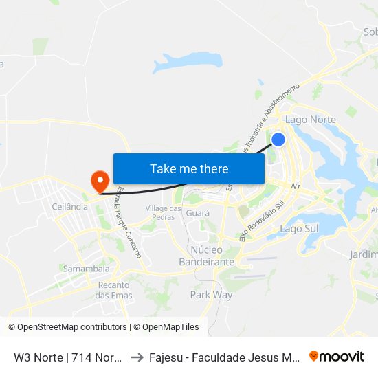 W3 Norte | 714 Norte (CNJ) to Fajesu - Faculdade Jesus Maria E José map