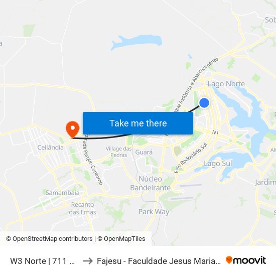 W3 Norte | 711 Norte to Fajesu - Faculdade Jesus Maria E José map