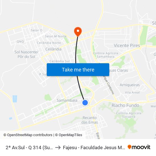 2ª Av.Sul - Q 314 (Superbom) to Fajesu - Faculdade Jesus Maria E José map