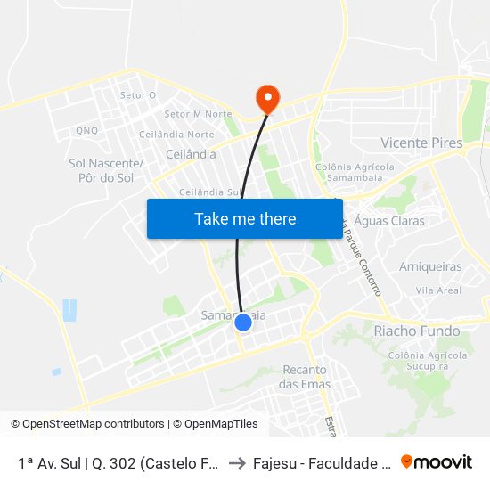 1ª Av. Sul | Q. 302 (Castelo Forte / Estação Samambaia) to Fajesu - Faculdade Jesus Maria E José map