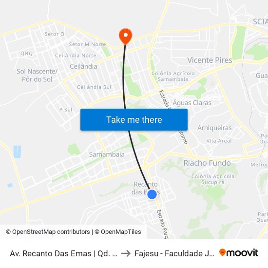 Av. Recanto Das Emas | Qd. 201 (Saída Do Recanto) to Fajesu - Faculdade Jesus Maria E José map