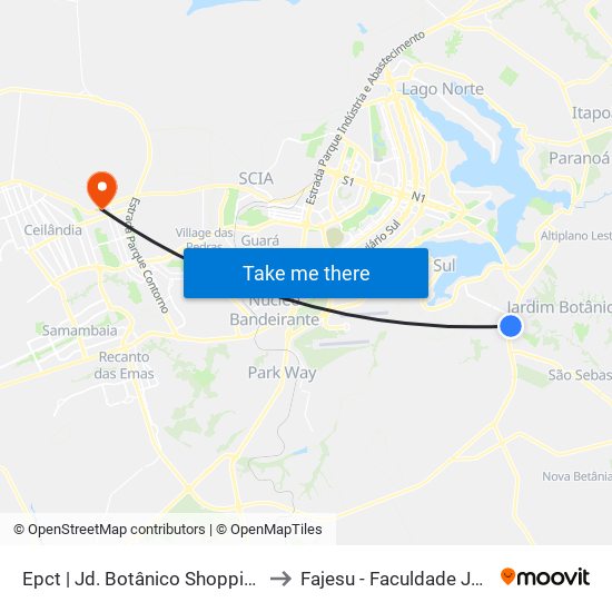 Epct | Jd. Botânico Shopping (Sentido Ponte Jk) to Fajesu - Faculdade Jesus Maria E José map
