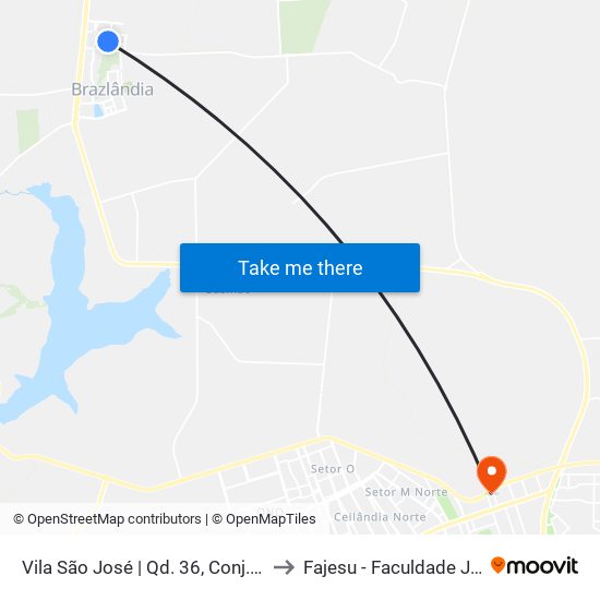 Vila São José | Qd. 36, Conj. E (Academia Topsaúde) to Fajesu - Faculdade Jesus Maria E José map