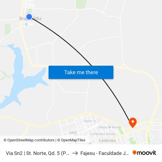 Via Sn2 | St. Norte, Qd. 5 (Panificadora São Jorge) to Fajesu - Faculdade Jesus Maria E José map