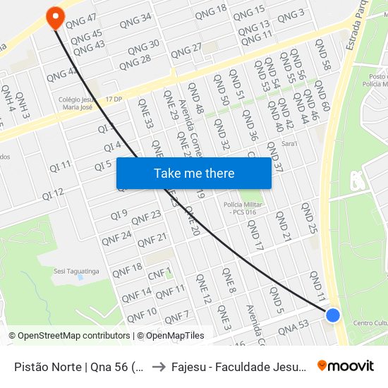 Pistão Norte | Qna 56 (Pentecostes) to Fajesu - Faculdade Jesus Maria E José map