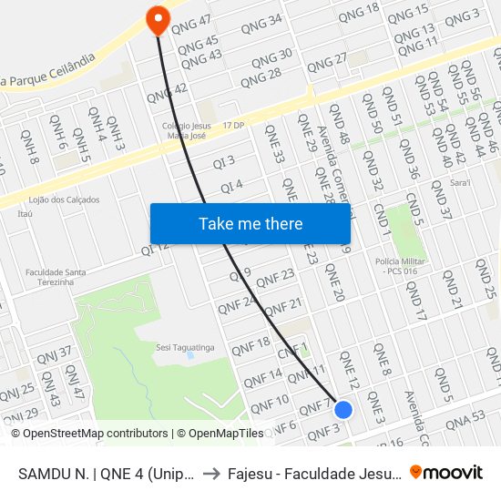 SAMDU N. | QNE 4 (Uniplan / Vivendas) to Fajesu - Faculdade Jesus Maria E José map