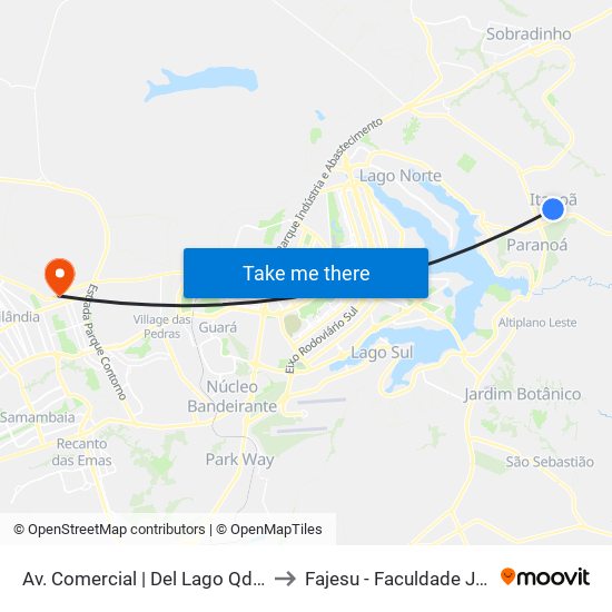 Av. Comercial | Del Lago Qd. 53 (Superm. Quibom) to Fajesu - Faculdade Jesus Maria E José map
