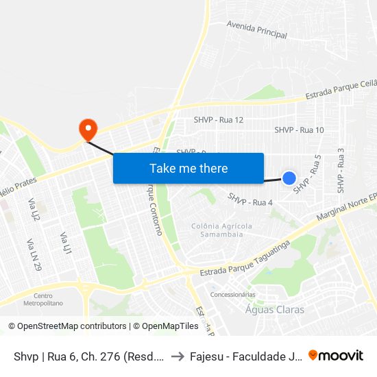 Shvp | Rua 6, Ch. 276 (Resd. Império Das Palmeiras) to Fajesu - Faculdade Jesus Maria E José map