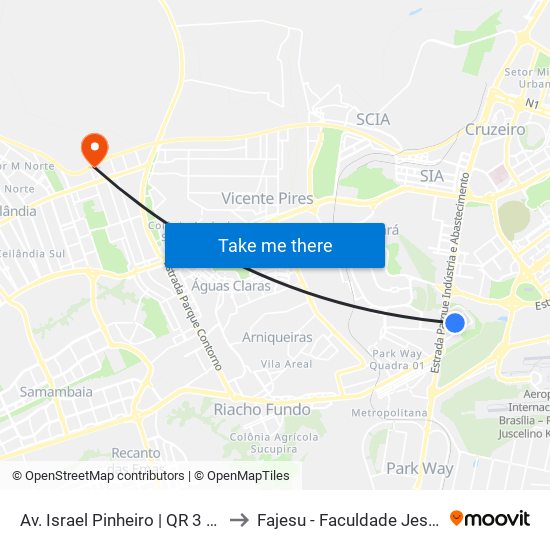 Av. Israel Pinheiro | QR 3 (Escola Classe 2) to Fajesu - Faculdade Jesus Maria E José map