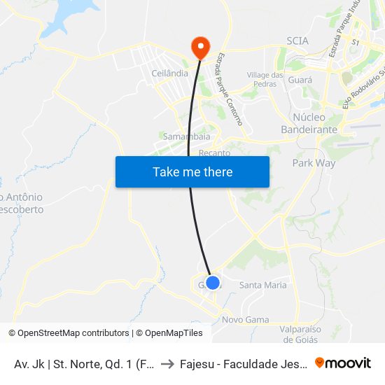 Av. Jk | St. Norte, Qd. 1 (Fórum / Bezerrão) to Fajesu - Faculdade Jesus Maria E José map