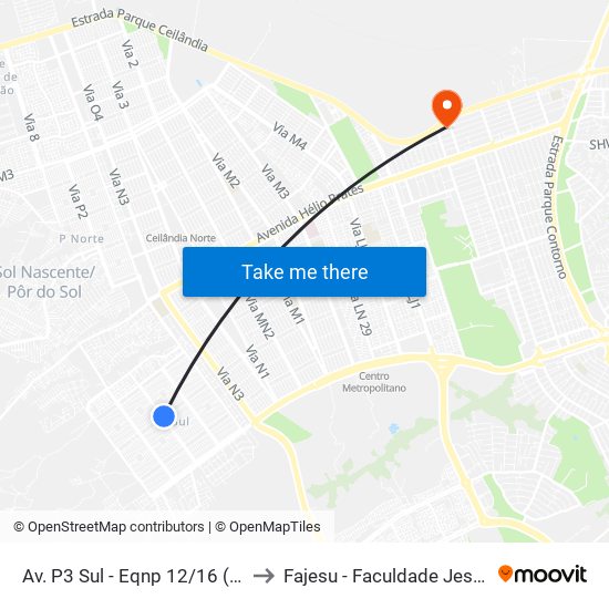 Av. P3 Sul - Eqnp 12/16 (Superm. Veneza) to Fajesu - Faculdade Jesus Maria E José map