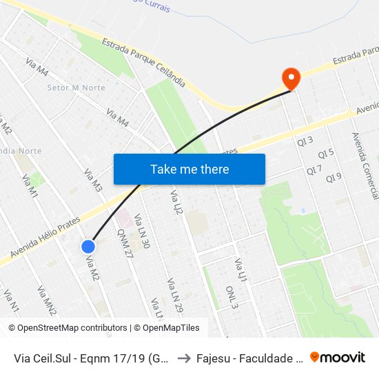 Via Ceil.Sul - Eqnm 17/19 (Gonçalina/Shopping Popular) to Fajesu - Faculdade Jesus Maria E José map