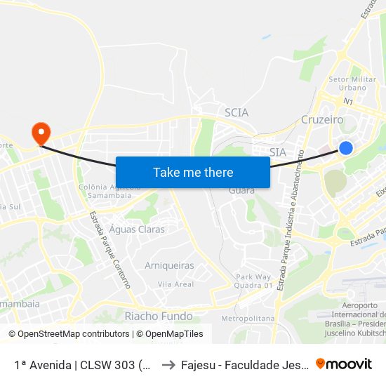 1ª Avenida | CLSW 303 (Pizza Dom Bosco) to Fajesu - Faculdade Jesus Maria E José map