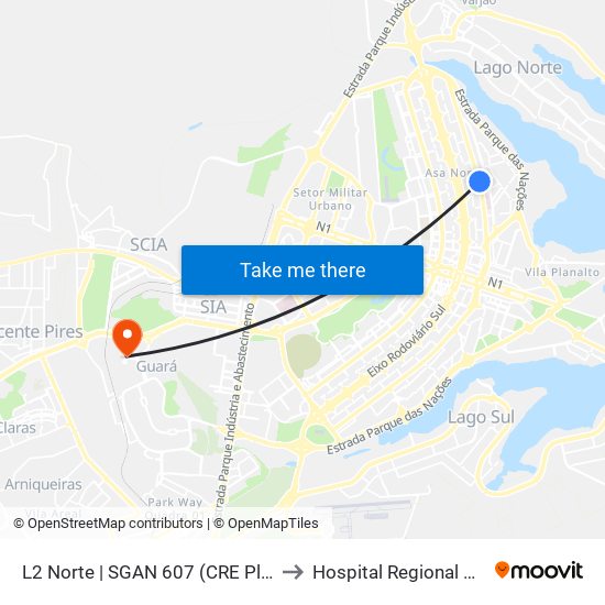 L2 Norte | SGAN 607 (CRE Plano Piloto) to Hospital Regional Do Guará map