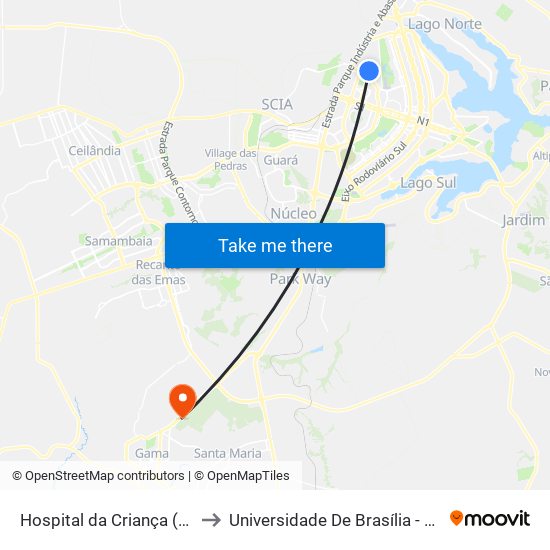 Hospital da Criança (Sentido SAAN) to Universidade De Brasília - Campus Do Gama map