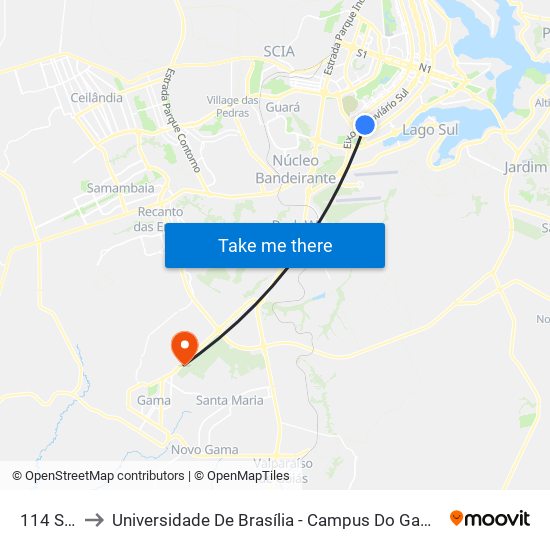 114 Sul to Universidade De Brasília - Campus Do Gama map