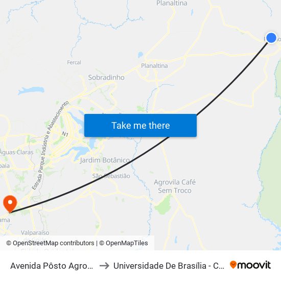 Avenida Pôsto Agropecuária, 364 to Universidade De Brasília - Campus Do Gama map