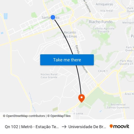 Qn 102 | Metrô - Estação Terminal Samambaia (Lado Oposto) to Universidade De Brasília - Campus Do Gama map