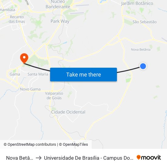 Nova Betânia to Universidade De Brasília - Campus Do Gama map