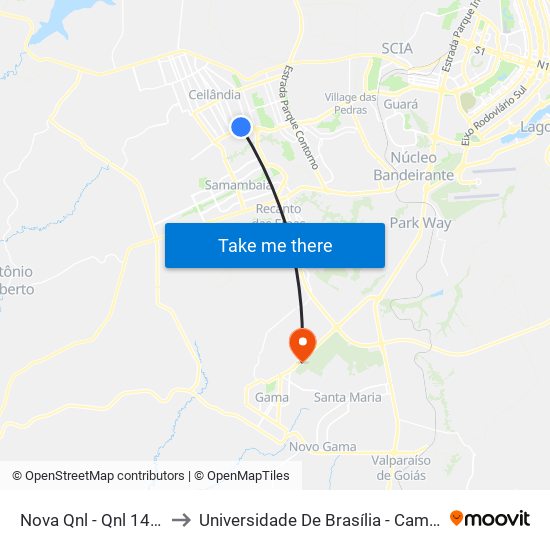 Nova Qnl - Qnl 14 (Detran) to Universidade De Brasília - Campus Do Gama map