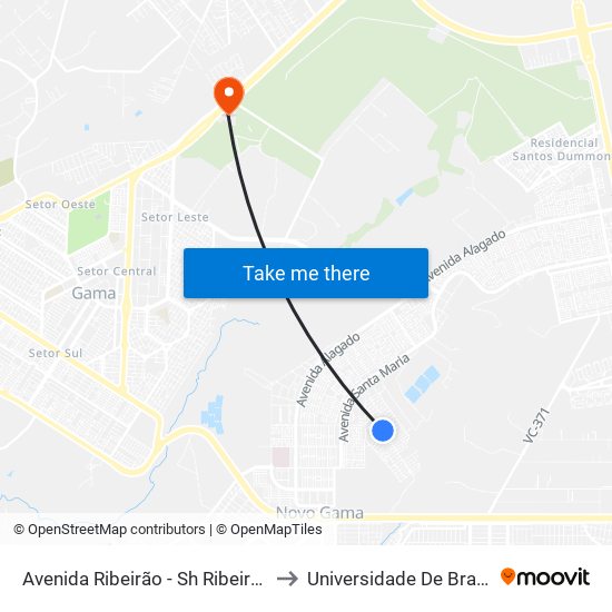 Avenida Ribeirão - Sh Ribeirão/Cond Porto Rico Fase 1 Q H to Universidade De Brasília - Campus Do Gama map