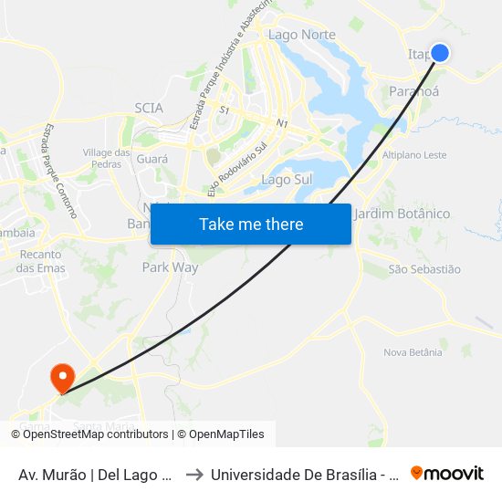 Av. Murão | Del Lago Qd. 378, Conj. K to Universidade De Brasília - Campus Do Gama map