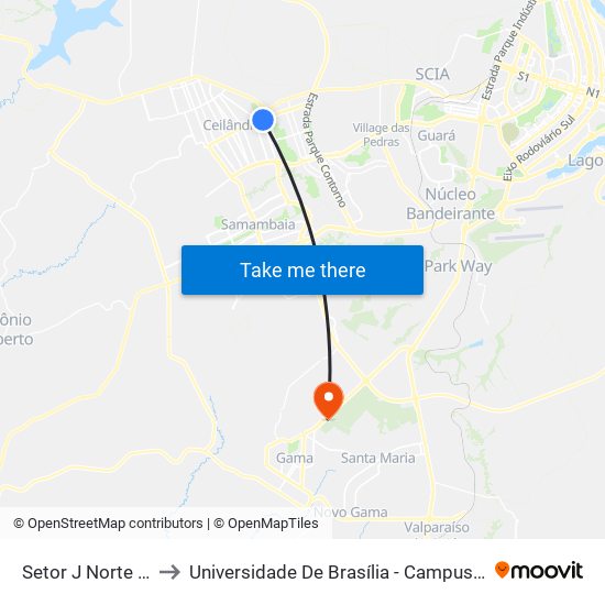 Setor J Norte Qnj 1 to Universidade De Brasília - Campus Do Gama map
