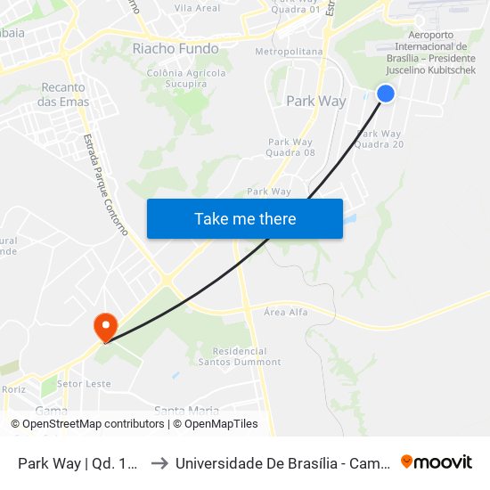 Park Way | Qd. 19, Conj. 1 to Universidade De Brasília - Campus Do Gama map