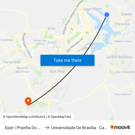 Eppr | Prainha Do Lago Norte to Universidade De Brasília - Campus Do Gama map