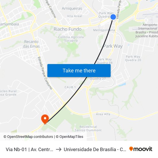 Via Nb-01 | Av. Central, Bloco 211 to Universidade De Brasília - Campus Do Gama map