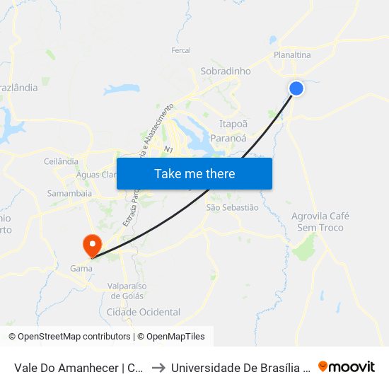 Vale Do Amanhecer | Cr 44 (Templo Mãe) to Universidade De Brasília - Campus Do Gama map