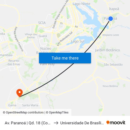 Av. Paranoá | Qd. 18 (Conselho Tutelar / UBS 1) to Universidade De Brasília - Campus Do Gama map