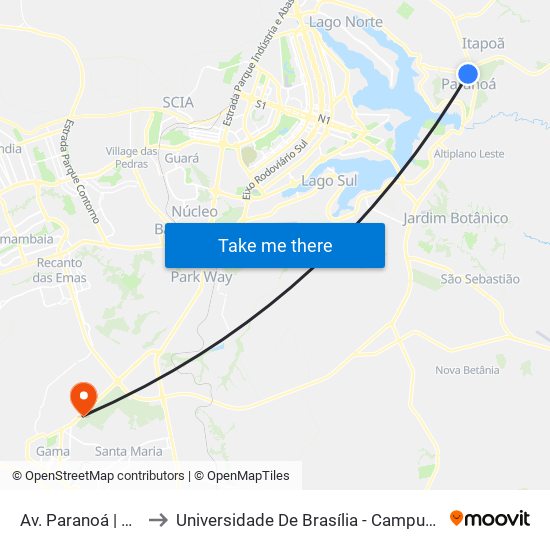 Av. Paranoá | Qd. 32 to Universidade De Brasília - Campus Do Gama map